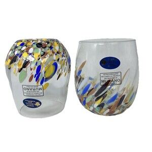 Murano White Crystal Confetti Stemless Wine Glasses Hand Blown Italy New Set / 2